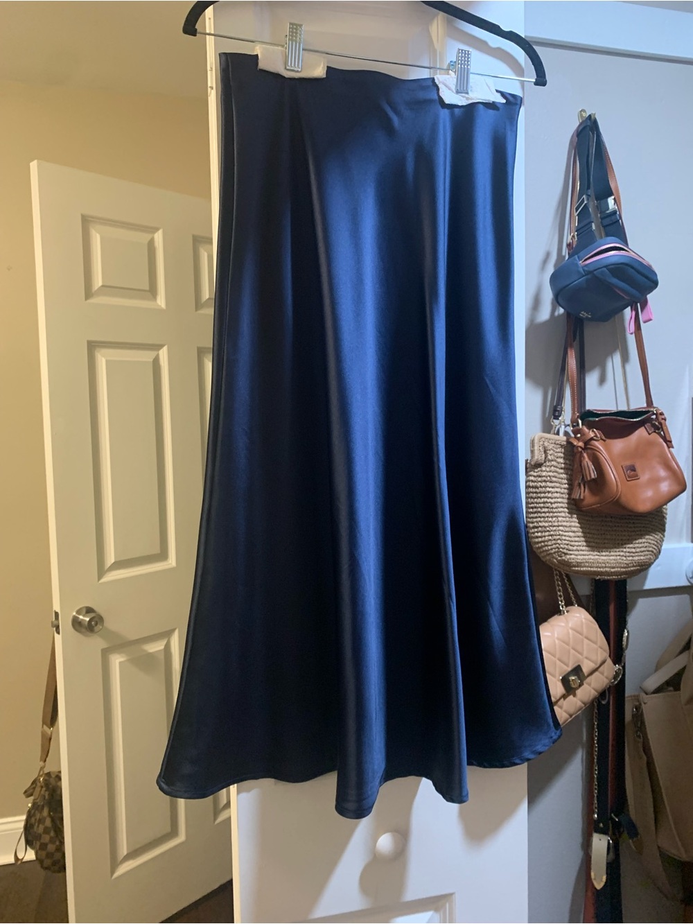 zeagoo Navy Satin Midi Skirt